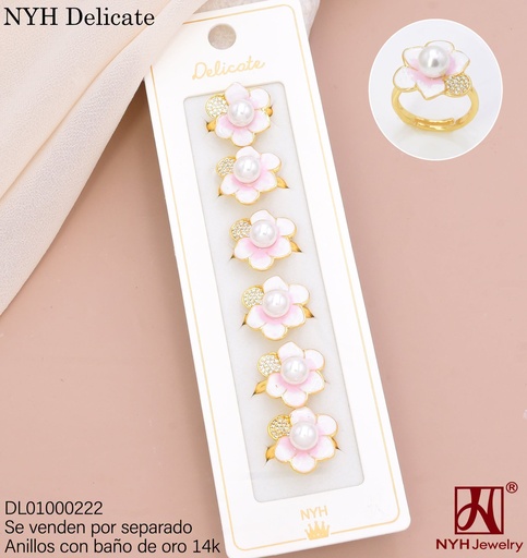 [DL01000222] ANILLO BAÑO DE ORO 14K.  FLOR ESMALTADA/ZIRC/PERLA CENTRO YL441A (DEL211026)