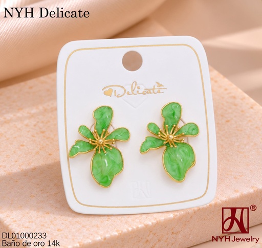 [DL01000233] ARETES BAÑO DE ORO 14K. FLOR ALARGADA IRREG. VERDE YL262C (DEL211026)