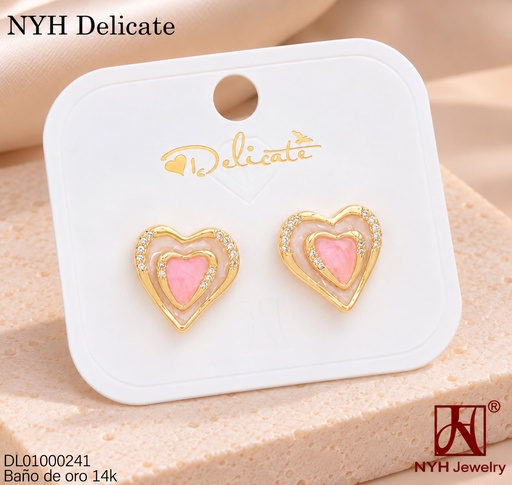 [DL01000241] ARETES BAÑO DE ORO 14K.  CORAZON ESMALTADA ROSADO C/BLANCO SY1243B (DEL211026)