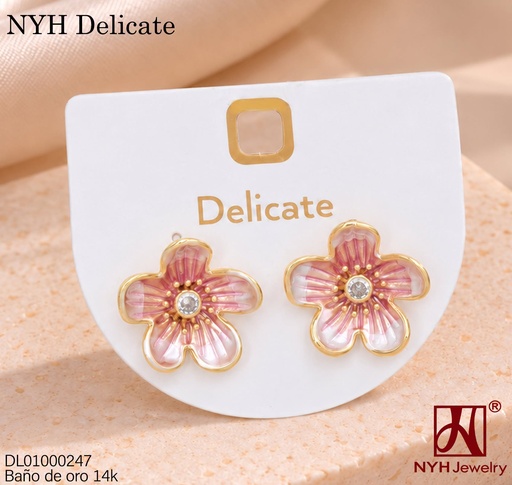 [DL01000247] ARETES BAÑO DE ORO 14K.  FLOR 5 PETALOS ROSADOS C/BLANCO LH1075A (DEL211026)