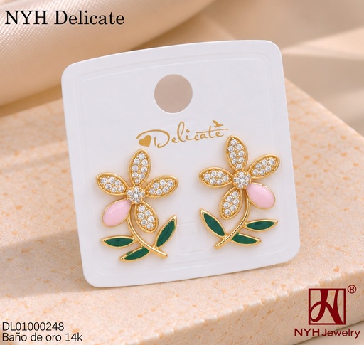 [DL01000248] ARETES BAÑO DE ORO 14K. FLOR PETALOS ESMALTADOS/ZIRC. YAH841A (DEL211026)