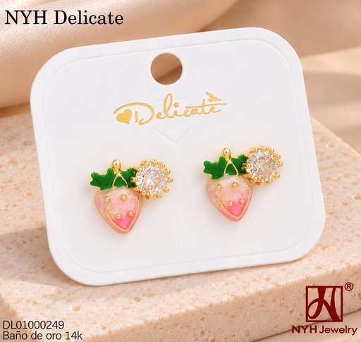 [DL01000249] ARETES BAÑO DE ORO 14K. FRESA ROSADA ESMALTADA /ZIRC. RD GSH1111A (DEL211026)
