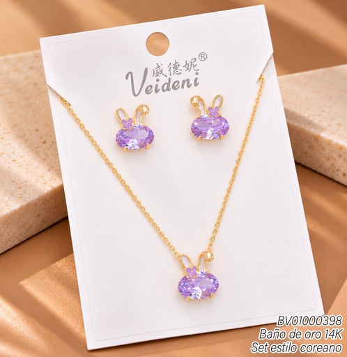 [BV01000398] SET BAÑO DE ORO 14K.CONEJO ZIRC.MORADA WTZ-642 (2VEI211026)