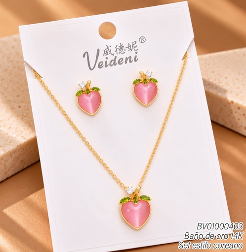 [BV01000403] SET BAÑO DE ORO 14K.FRESA ZIRC.ROSADAS WTZ-518 (VEI211026)