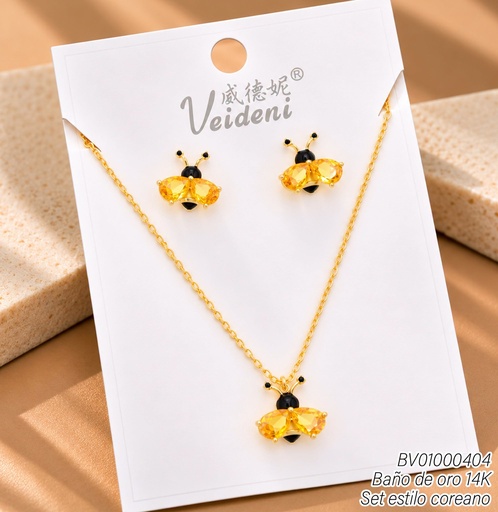 [BV01000404] SET BAÑO DE ORO 14K. ABEJITAS NEGRO-ZIRC.AMARILLA WTZ-557 (VEI211026)
