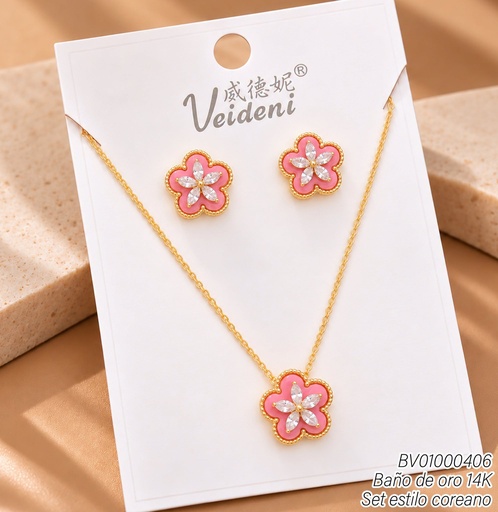 [BV01000406] SET BAÑO DE ORO 14K.FLOR ROSADA CENTRO ZIRC. WTZ-569 (VEI211026)