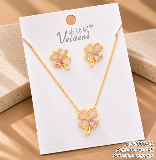 [BV01000410] SET BAÑO DE ORO 14K. TREBOL BEIGE C/ZIRC.ROSA WTZ-507 (VEI211026)