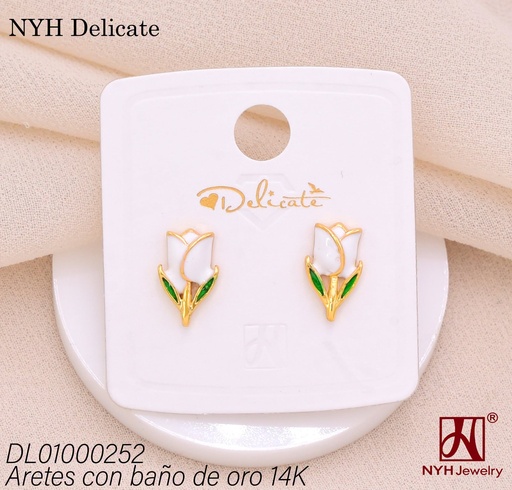 [DL01000252] ARETES BAÑO DE ORO 14K. ROSA BLANCA (DEL212026)