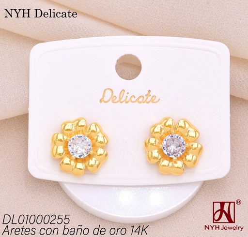 [DL01000255] ARETES BAÑO DE ORO 14K. FLOR 5 PETALOS ZIRC. (DEL212026)