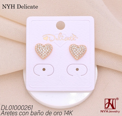 [DL01000261] ARETES BAÑO DE ORO 14K. CORAZON ZIRC. (DEL212026)