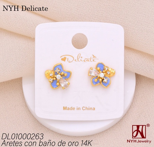 [DL01000263] ARETES BAÑO DE ORO 14K. FLOR CELESTE ZIRC. (DEL212026)