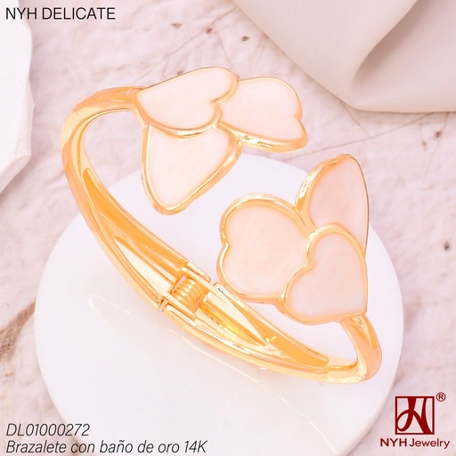 [DL01000272] BRAZALETE BAÑO DE ORO 14K. ESMALTADO CORAZON BLANCO (DEL211026)