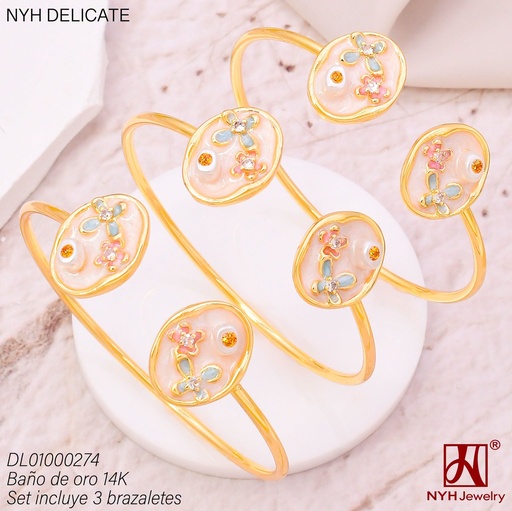 [DL01000274] SET 3 BRAZALETES BAÑO DE ORO 14K. OV. CREMA (DEL211026)