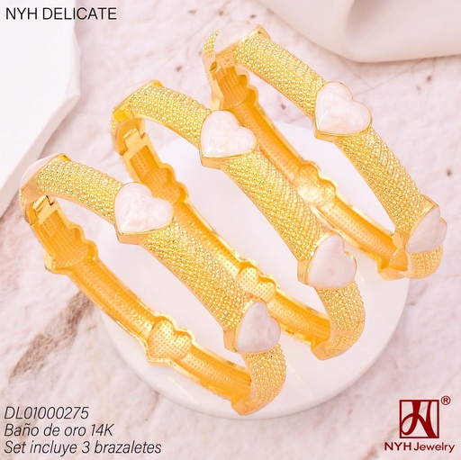 [DL01000275] SET 3 BRAZALETES BAÑO DE ORO 14K. ESMALTADO CORAZON (DEL211026)