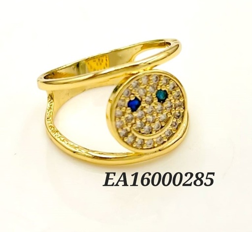 [EA16000285-7]  ANILLO FINO DOBLE 🙂 OJOS ZIRC.AZULES SONRISA DORADA