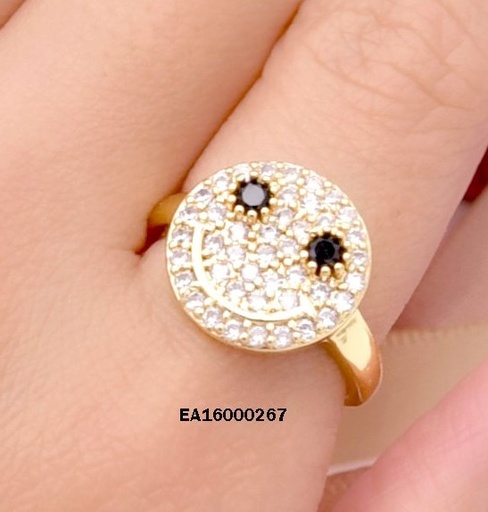 [EA16000267] ANILLO CARITA ZIRC. OJOS NEGROS SONRISA DORADA