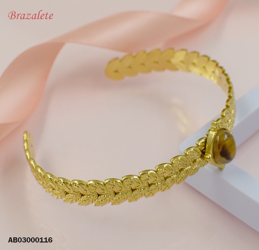 [AB03000116] BRAZALETE ABIERTO HOJITAS PIEDRA CAFÉ OVALADA
