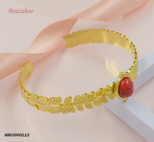 [AB03000113] BRAZALETE ABIERTO HOJITAS PIEDRA ROJA OVALADA VERTICAL