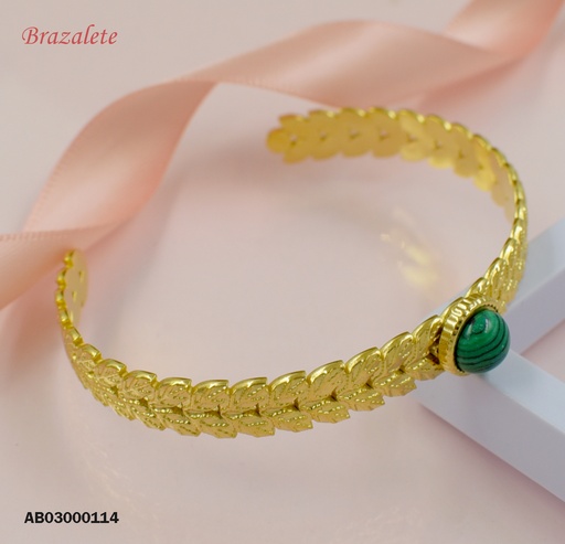 [AB03000114] BRAZALETE ABIERTO HOJITAS PIEDRA VERDE REDONDA