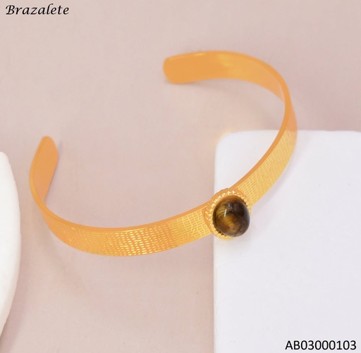 [AB03000103] BRAZALETE ABIERTO PIEDRA CAFÉ OVALADA