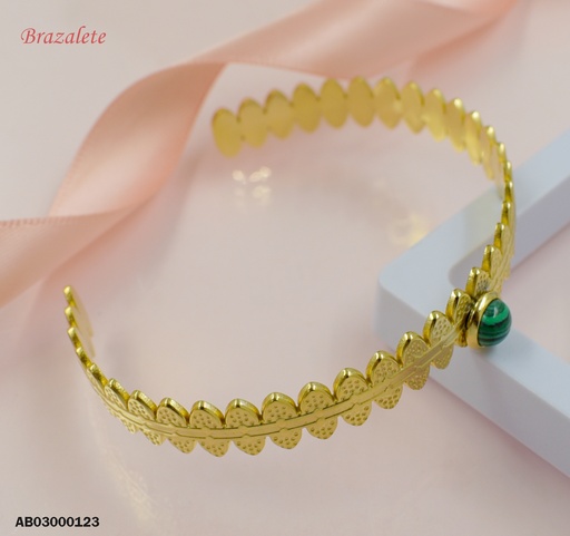 [AB03000123] BRAZALETE ABIERTO ÓVALOS DOR.PIEDRA REDONDA VERDE/NEGRO