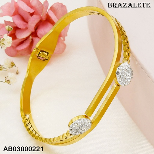 [AB03000221] BRAZALETE ACERO AJUSTABLE DOBLE LISO Y CON CDN CIRCULOS Y 2 ESFERAS CON ZIRCONIASS