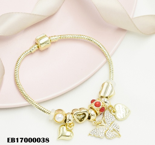 [EB17000038] BRAZALETE PANDORA CHARMS DIJES COLGANTES:2 CORAZONES/MARIPOSA