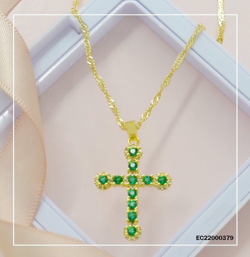 [EC22000379] CADENA DIJE CRUZ DORADA ZIRCONIAS VERDES ESLABONES OVALADOS