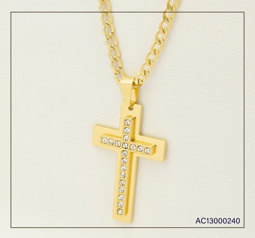 [AC13000240] CADENA MARTILLADA DIJE CRUZ ZIRCONIAS BASE ANCHA