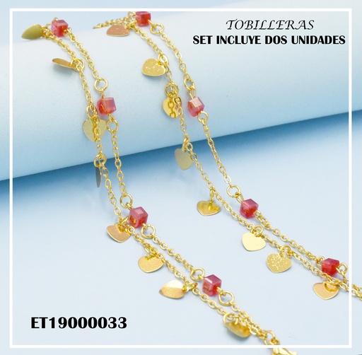 [ET19000033] DÚO TOBILLERAS CUBOS ROJOS/PLACAS CORAZÓN