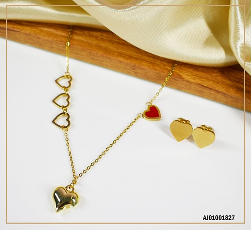 [AJ01001827] JUEGO ARETE CORAZÓN,DIJE CORAZONES INFLADO Y ROJO