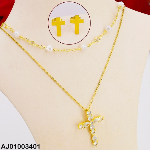 [AJ01003401] JUEGO ARETES CRUZ DOBLE CAD.PERLAS/DIJE CRUZ ZIRC SURT.