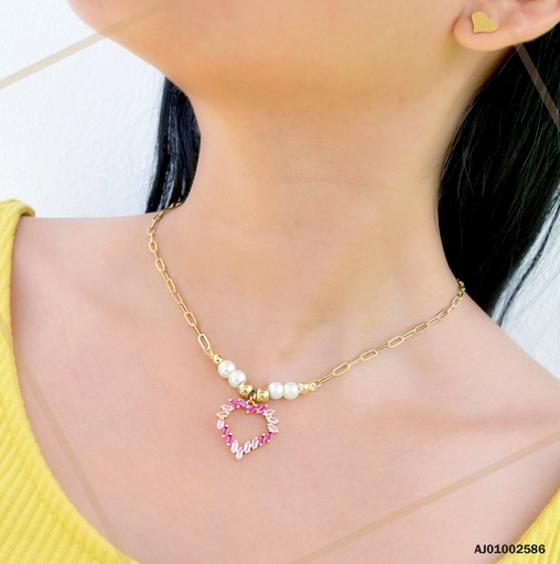 [AJ01002586] JUEGO ARETES PLACA CORAZÓN DIJE CROQUI CRISTALES ROJOS/BEIGE