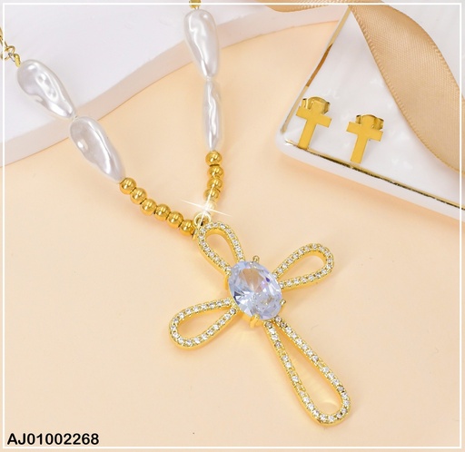 [AJ01002268] JUEGO ARETES ✝ CADENA PELOTITAS DOR. CRUZ GRANDE ZIRCONIA AL CENTRO