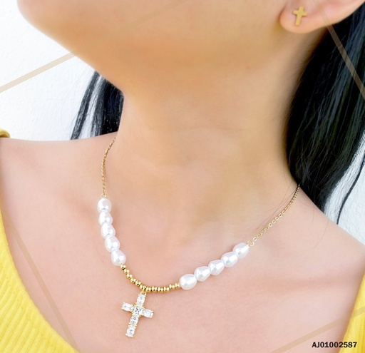 [AJ01002587] JUEGO CRUCES CADENA PERLAS/PELOTITAS DORADAS DIJE CRUZ ZIRC.⬜