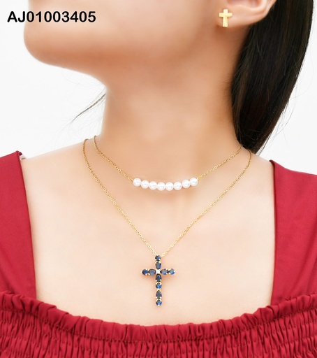 [AJ01003405] JUEGO CRUCES DOBLE CAD. DIJE CRUZ ZIRC.AZULES
