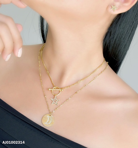 [AJ01002314] JUEGO DOBLE CADENA ARETES ESTRELLAS, DIJES CROQUI ⭐ LUNA ZIRCONIAS REDONDA