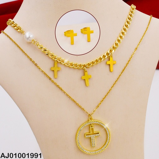 [AJ01001991] JUEGO DOBLE CADENA CRUCES, DIJE CRUZ EN UN CÍRCULO