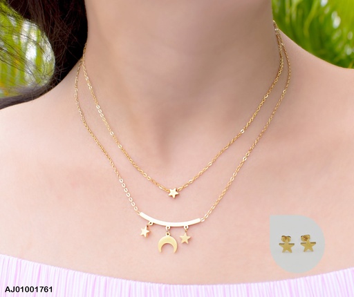 [AJ01001761] JUEGO DOBLE CADENAS ESTRELLAS,DIJE BARRA HORIZONTAL ⭐🌙⭐