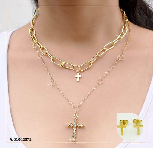 [AJ01002371] JUEGO DOBLE CADENAS ♥/GRUESA. DIJE CRUZ ZIRCONIAS ROMBOS