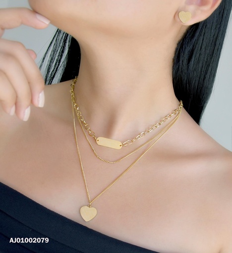 [AJ01002079] JUEGO TRIPLE CADENAS, DIJES ♥ Y PLACA HORIZONTAL