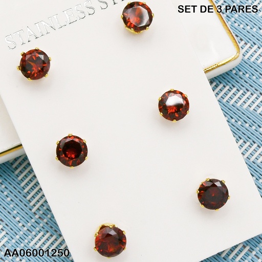 [AA06001250] PAQUETE 3 PARES ARETES ZIRCONIAS RD ROJO VINO