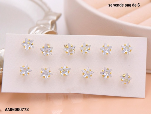 [AA06000773] PAQUETE 6 PARES ESTRELLAS ZIRCONIAS DORADAS 6MM