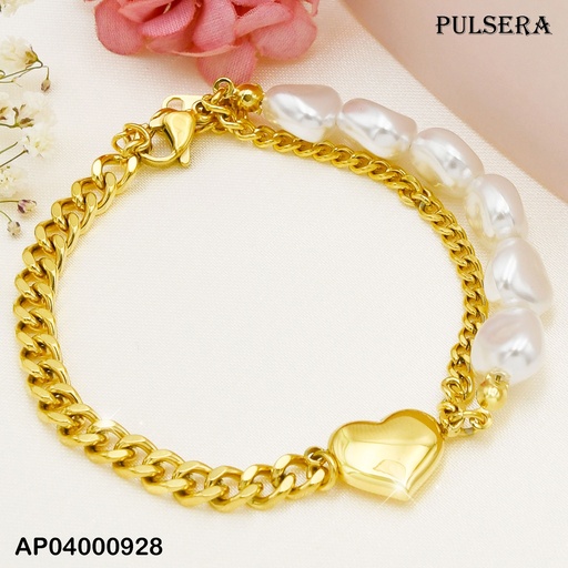 [AP04000928] PULSERA ACERO MITAD CDN GRUESA DORADA Y MITAD CDN FINA CON PERLAS UNIDOS POR CORAZON RELLENO