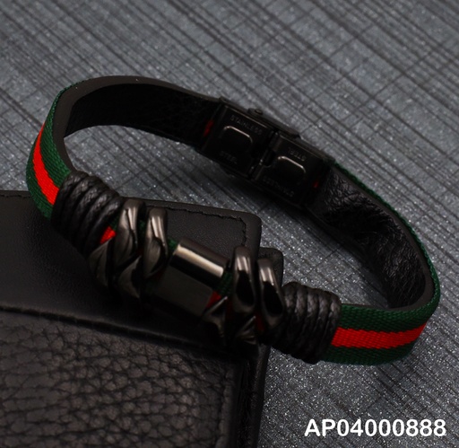 [AP04000888] PULSERA ANCHA CUERO-PLATEADO PARA VARÓN LÍNEAS VERDE/ROJO
