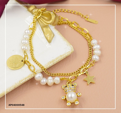 [AP04000548] PULSERA DOBLE DIJES OSITO ZIRCONIA C/PERLA, ESTRELLA Y PLACA REDONDA