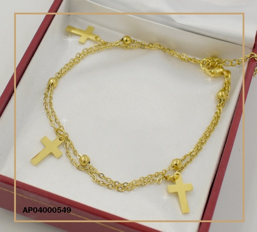 [AP04000549] PULSERA DOBLE PELOTITAS Y CRUCES LISAS DORADAS