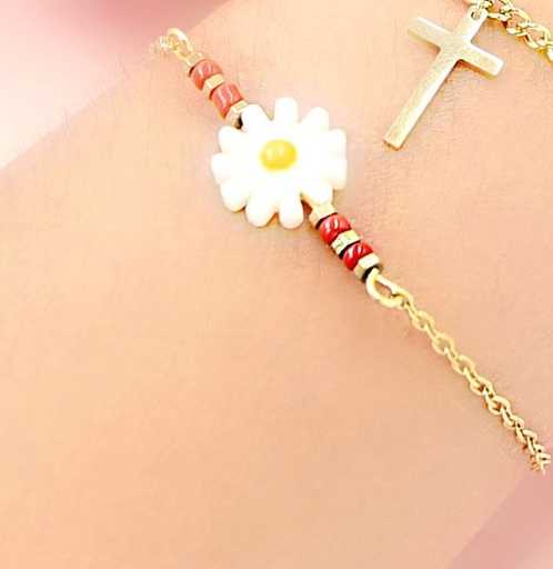[AP04000356] PULSERA DORADA DIJE MARGARITA Y PIEDRAS ROJAS