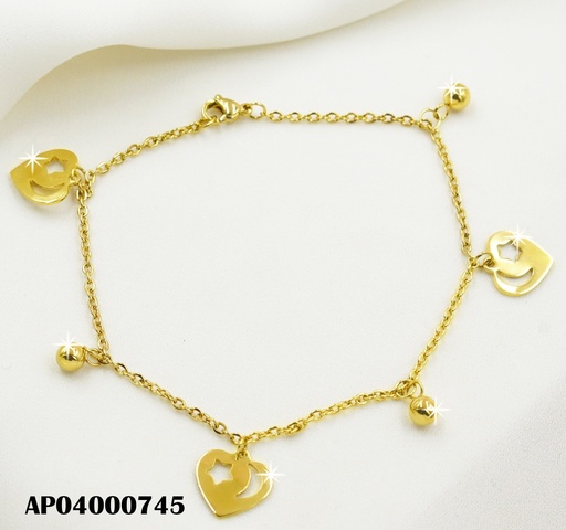 [AP04000745] PULSERA DORADA DIJES:PLACA CORAZÓN CON⭐🌙/PELOTITAS DOR.