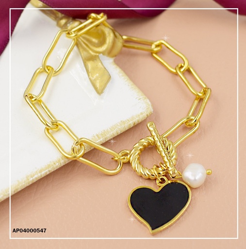 [AP04000547] PULSERA GRUESA DIJE CORAZÓN NEGRO Y PERLITA